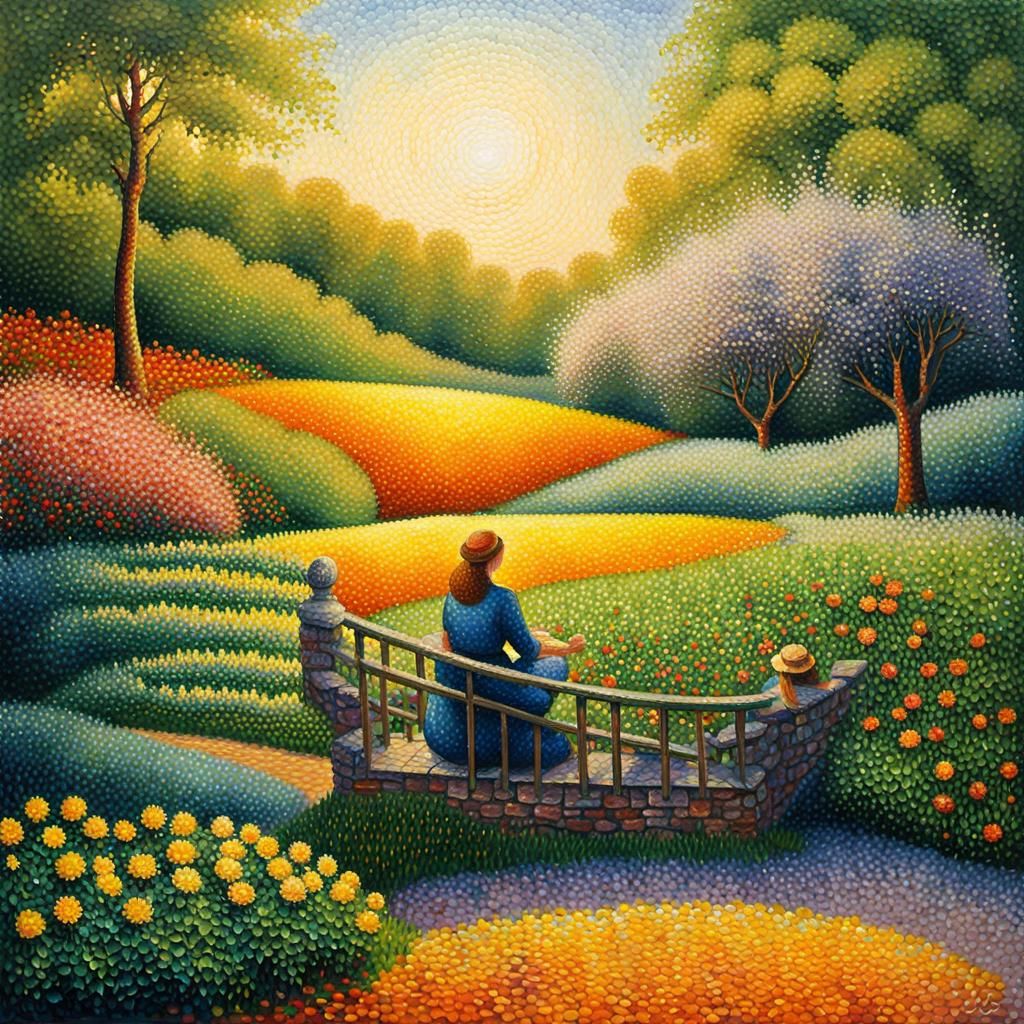 Pointillist Garden Scene in Neo-Impressionist Style