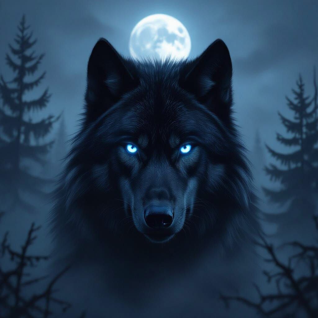 Giant Black Wolf with Blue Eyes in Foggy Forest