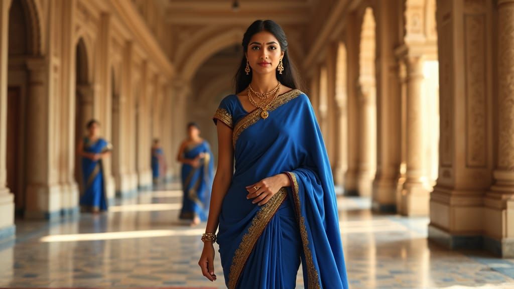 Elegant Queen Walks Opulent Palace Corridor in Cinematic Rea...