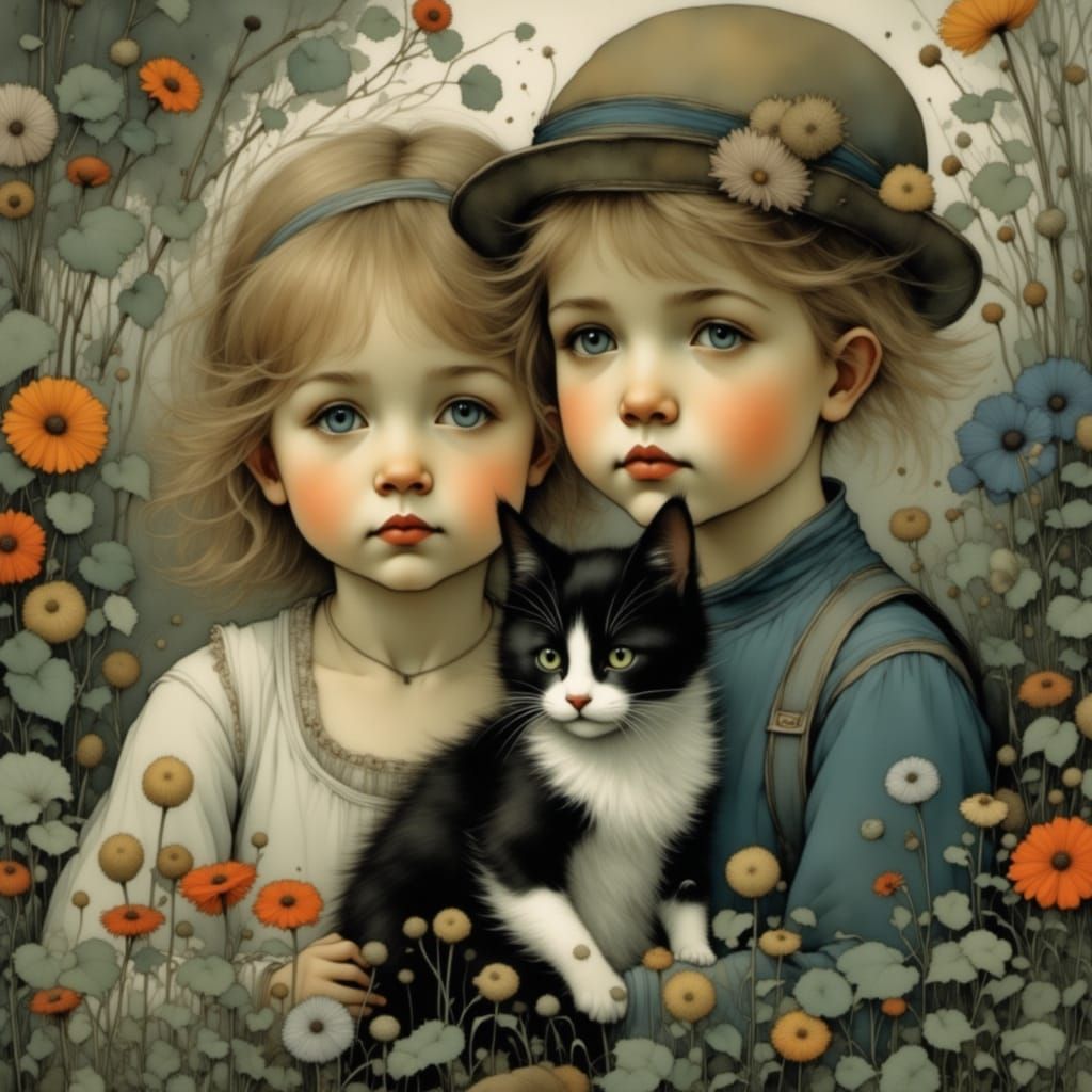 Toddler Siblings with Cat in Garden, Golden Age Style