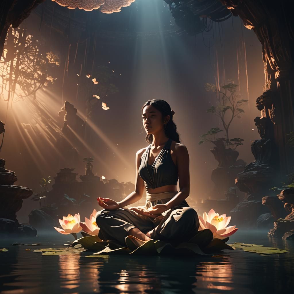 Floating Shadow in Lotus Position: Cinematic Digital Art