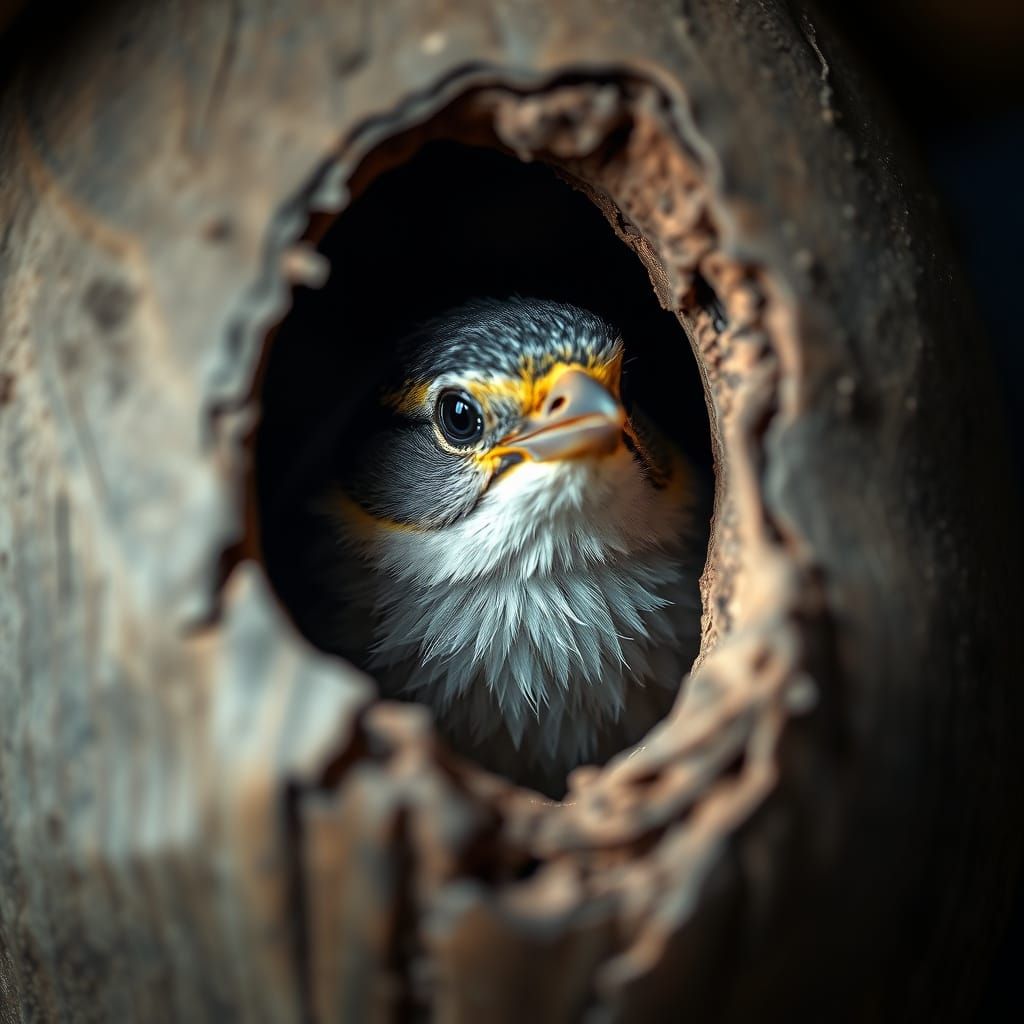 Macro Birdhouse View with Bird Peeking Out