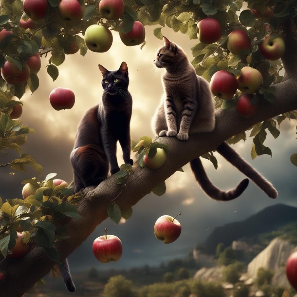 Epic Digital Landscape of Cats Climbing an Apple Tree