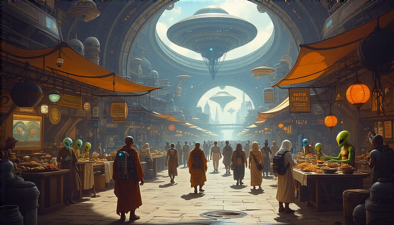 Bustling Alien Market Space: Interstellar Bazaar