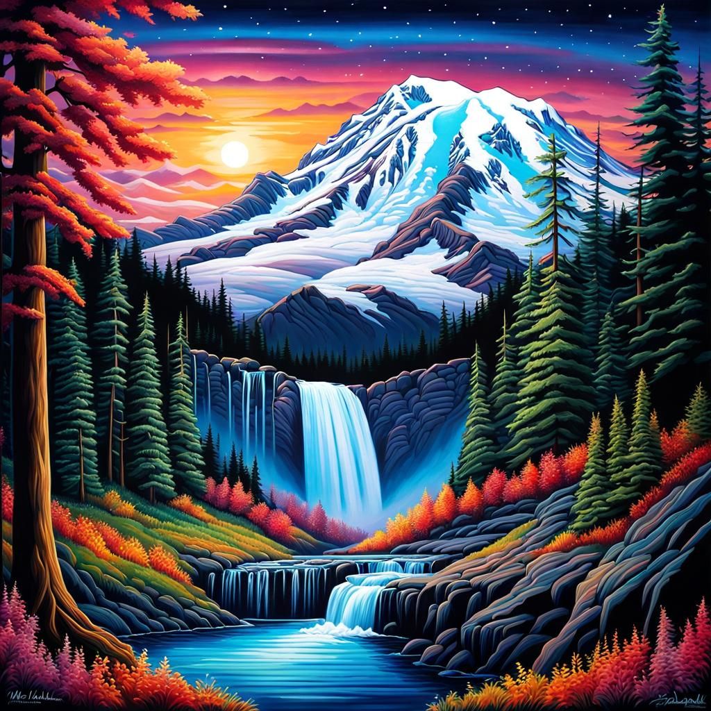 Psychedelic Waterfall Scene with Mt. Rainier