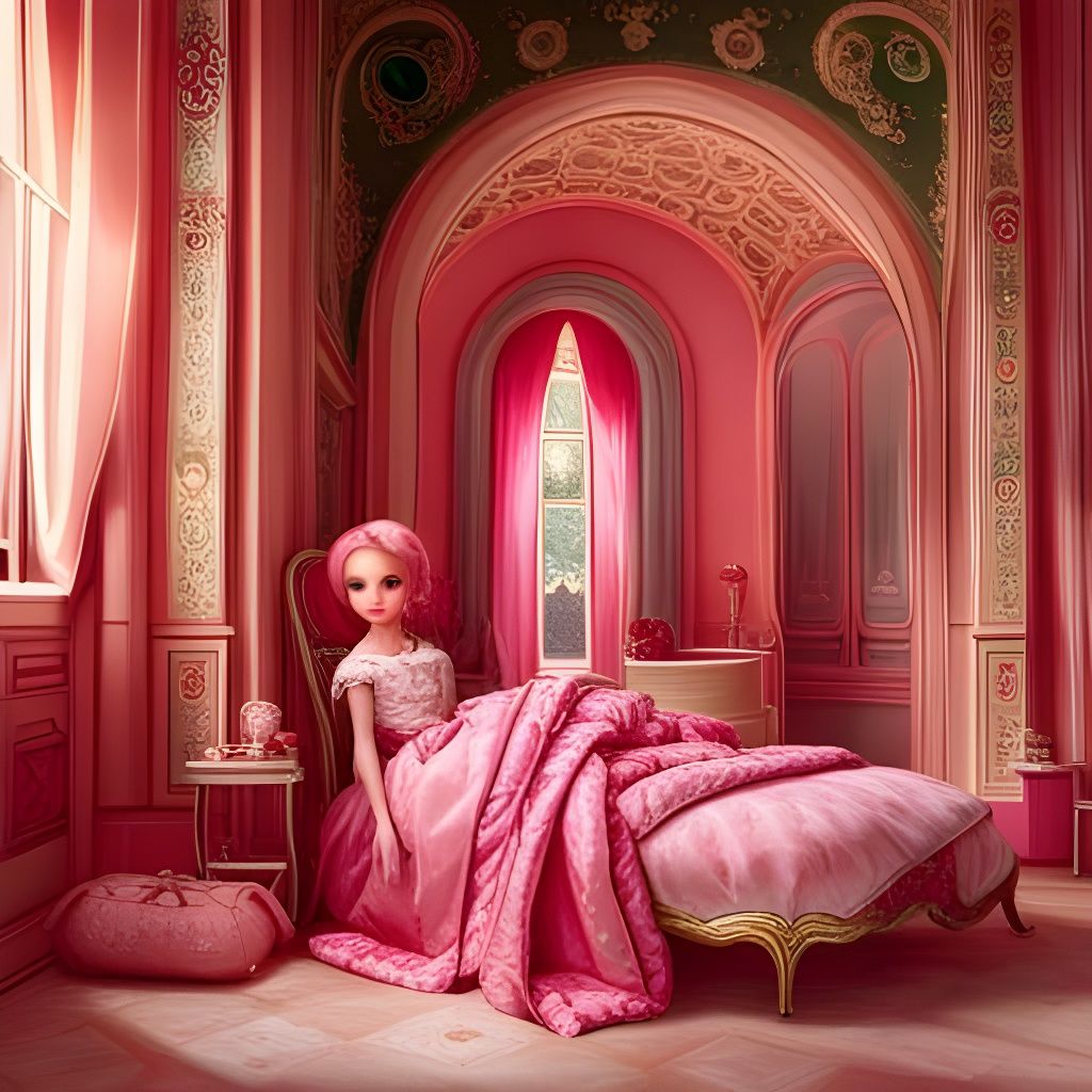 Pink-Haired Doll in Rococo Room: Hyperdetailed Digital Art