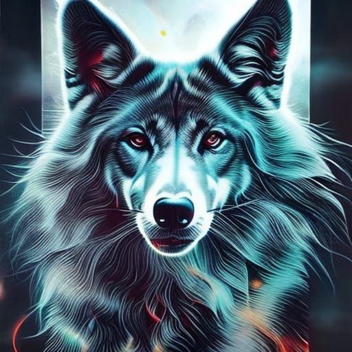 Detailed Cyberpunk Dog Portrait in Polychromatic Style