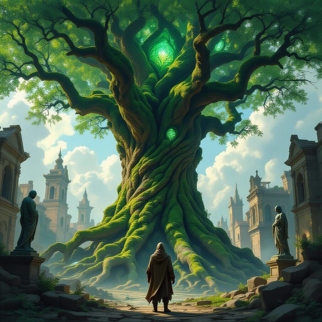 Colossal Ancient Tree in Forgotten City, Hyperrealistic Styl...