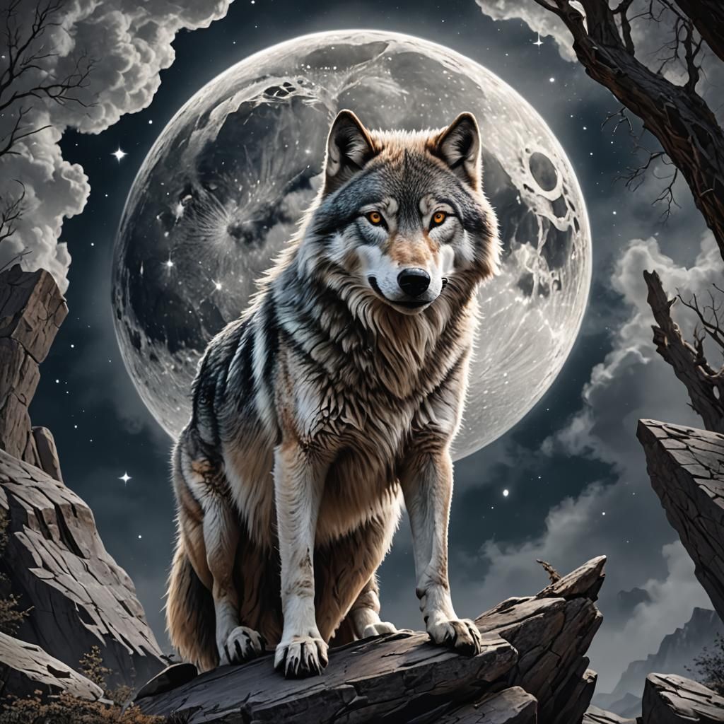Moon Wolf Howling Under Moonlight
