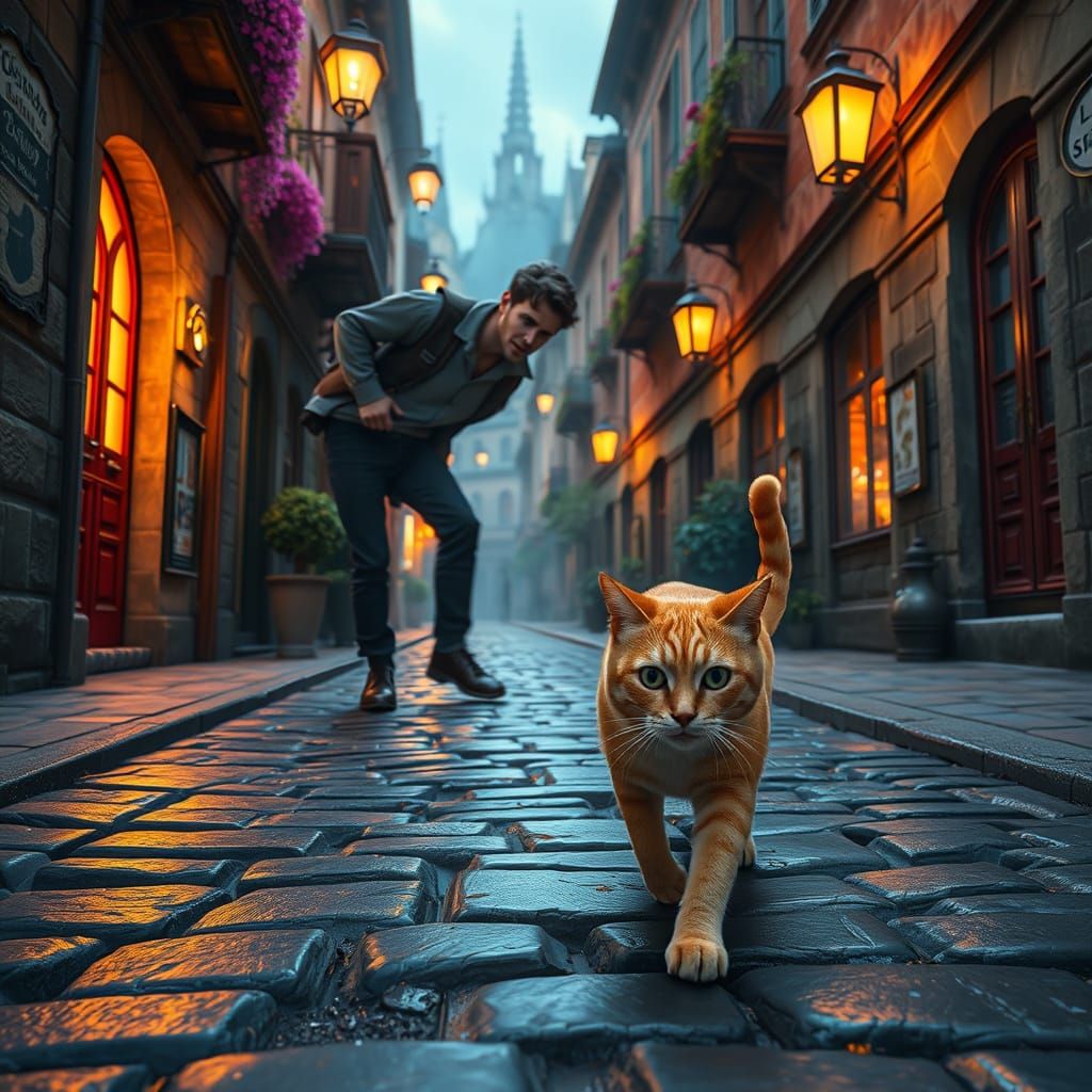 Man Trips Over Ginger Cat on Cobblestone Street