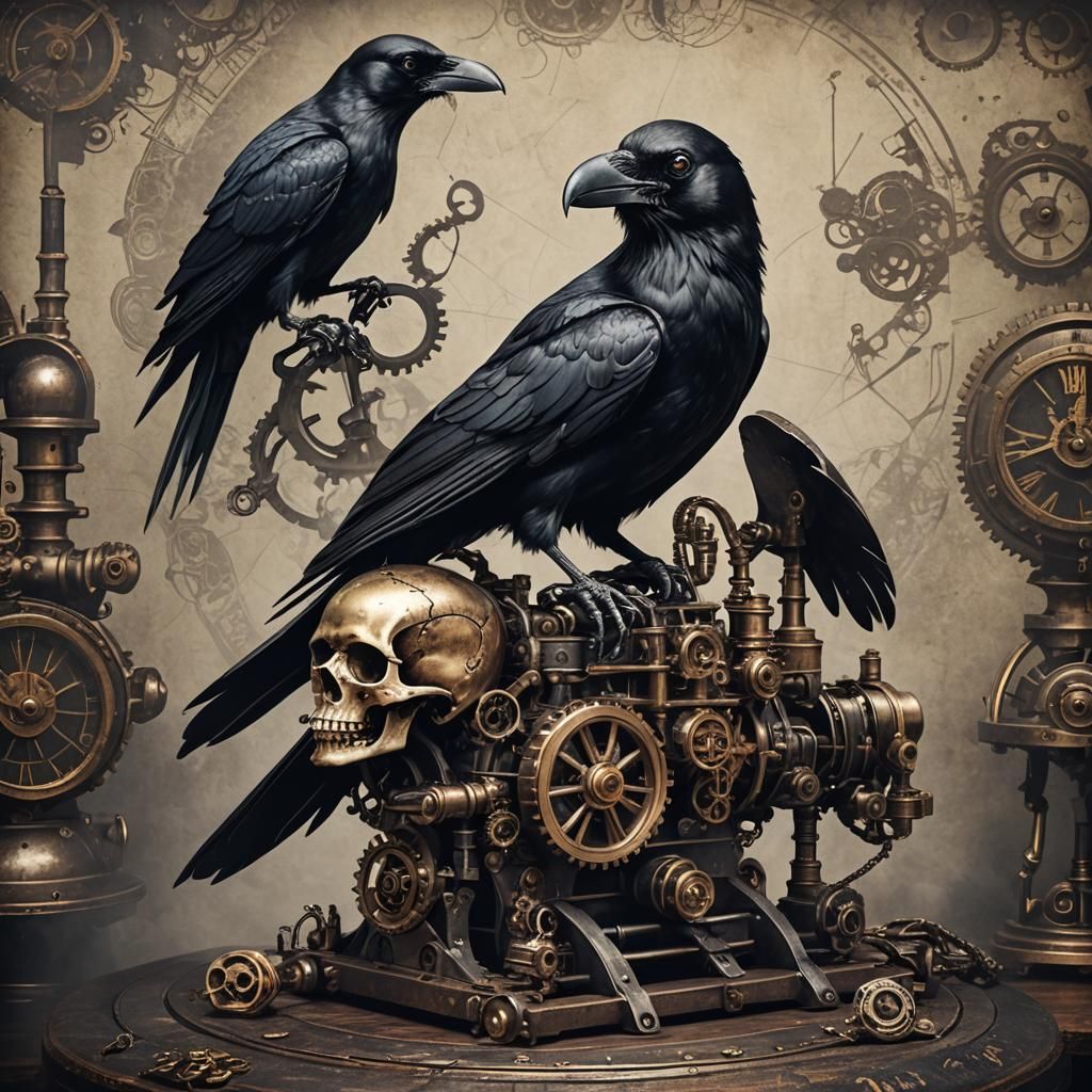 Steampunk Crow and Skull Still Life