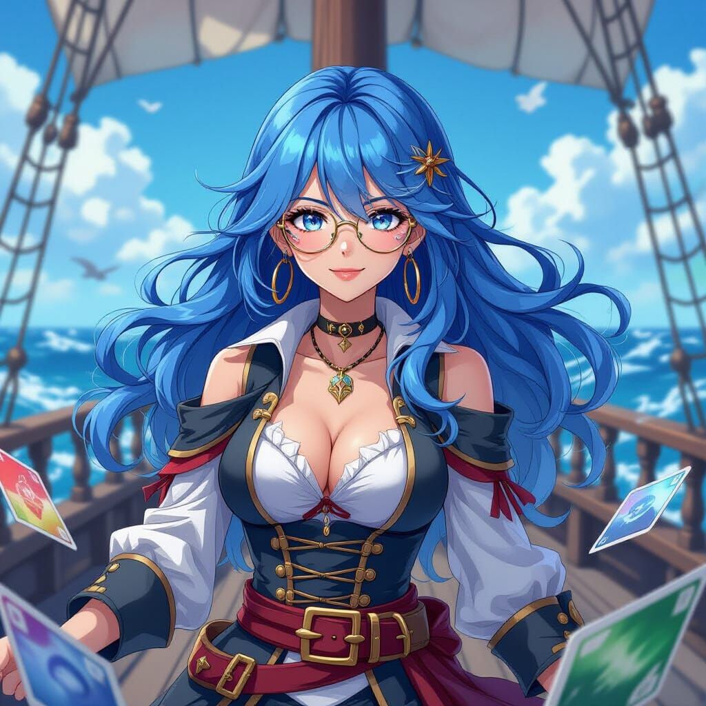 Anime Pirate on Deck with Trading Cards
