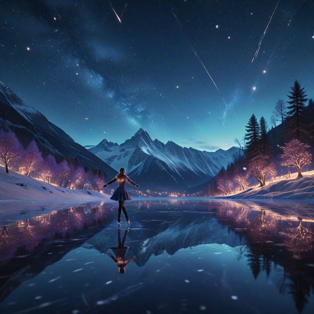 Whimsical Nighttime Serenity on a Frozen Lake