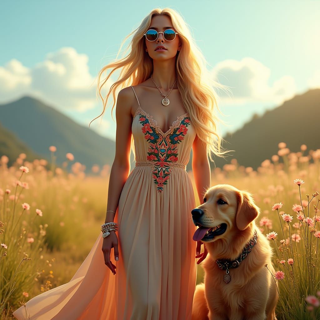 Woman with Retriever in Sun-Drenched Meadow