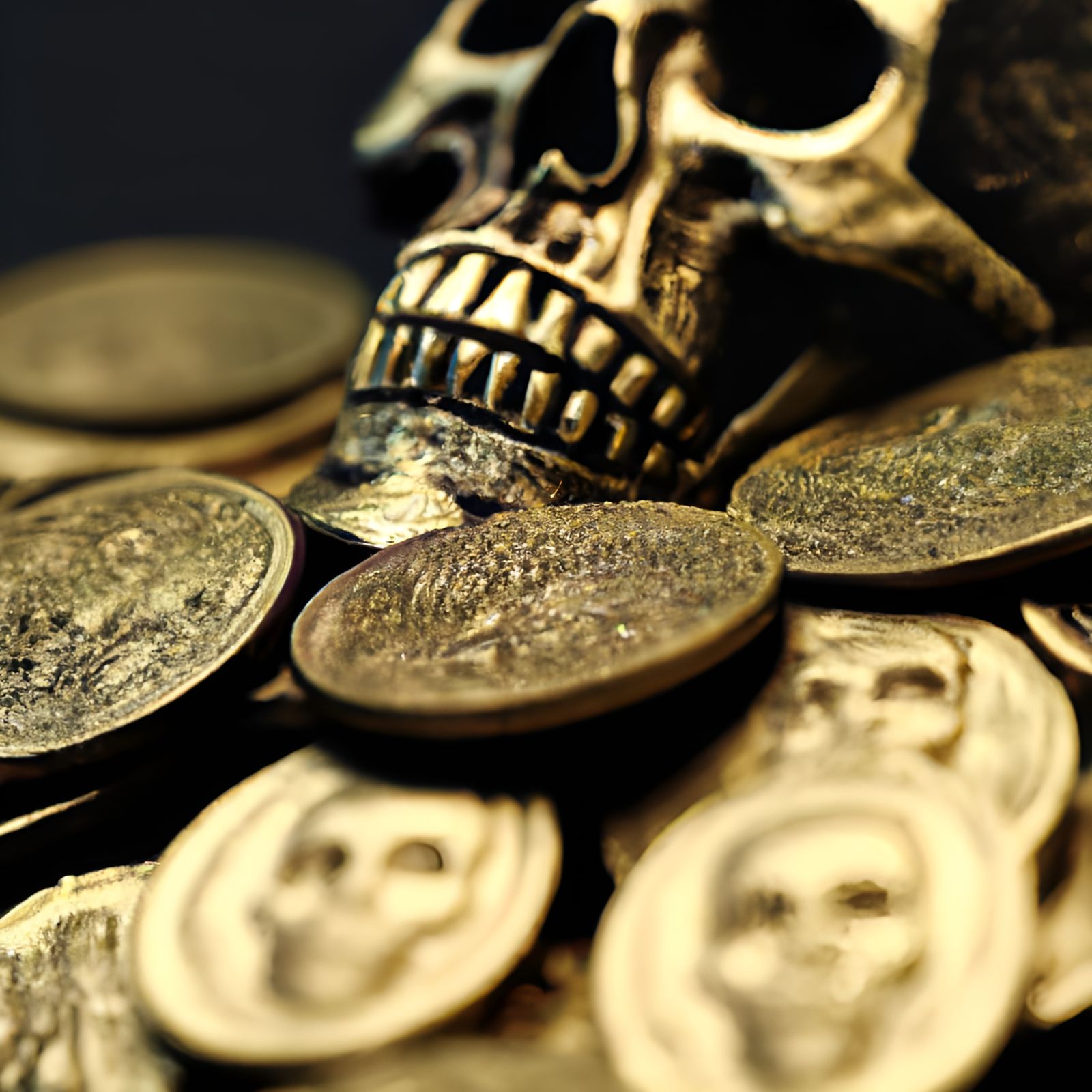 Ancient Gold Coin Pile Topped with Skull