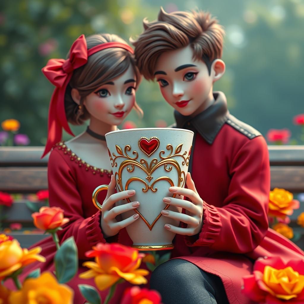 Cute Lovers in Flower Garden: Detailed Digital Painting
