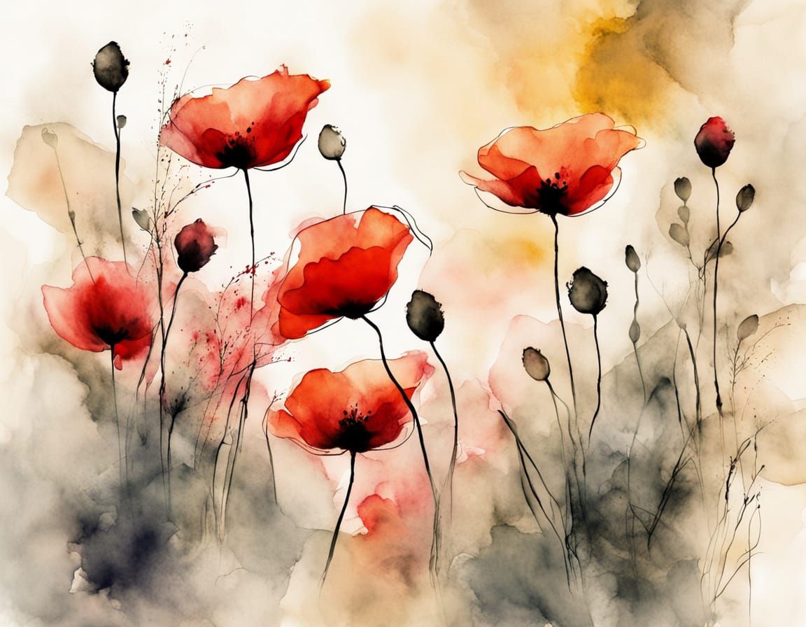 Japanese Ink Wash of Red Poppies with Bokeh