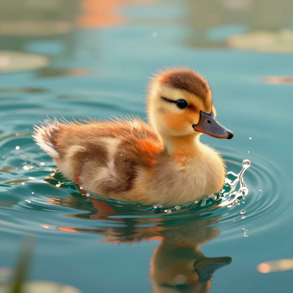Duckling Swimming in Early Morning Light