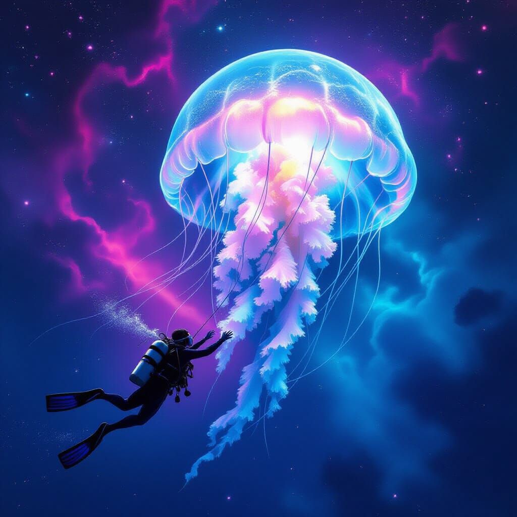 Scuba Diver Reaches for Giant Bioluminescent Jellyfish in Dr...