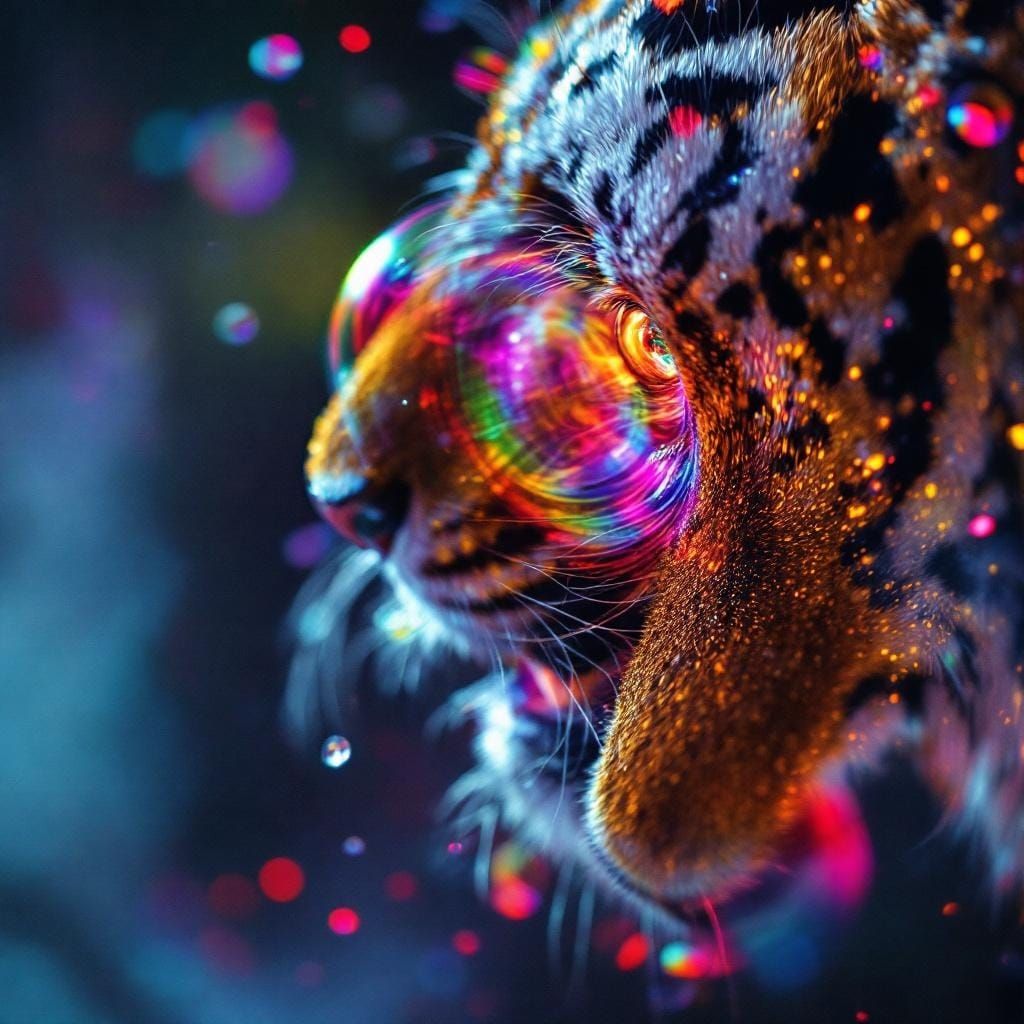 Neon Tiger with Rainbow Tears in Hyperrealistic HDR