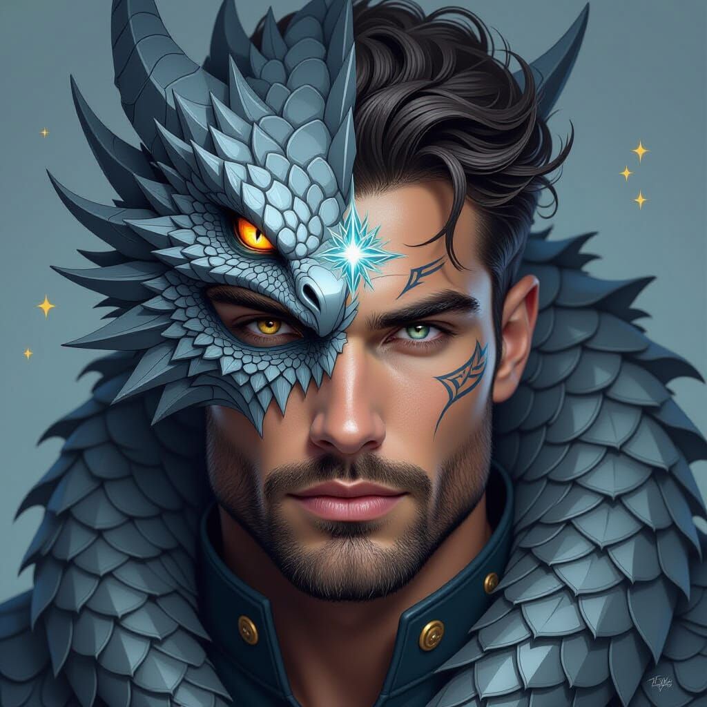 Man-Dragon With Magical Symbols, Comic Art Style