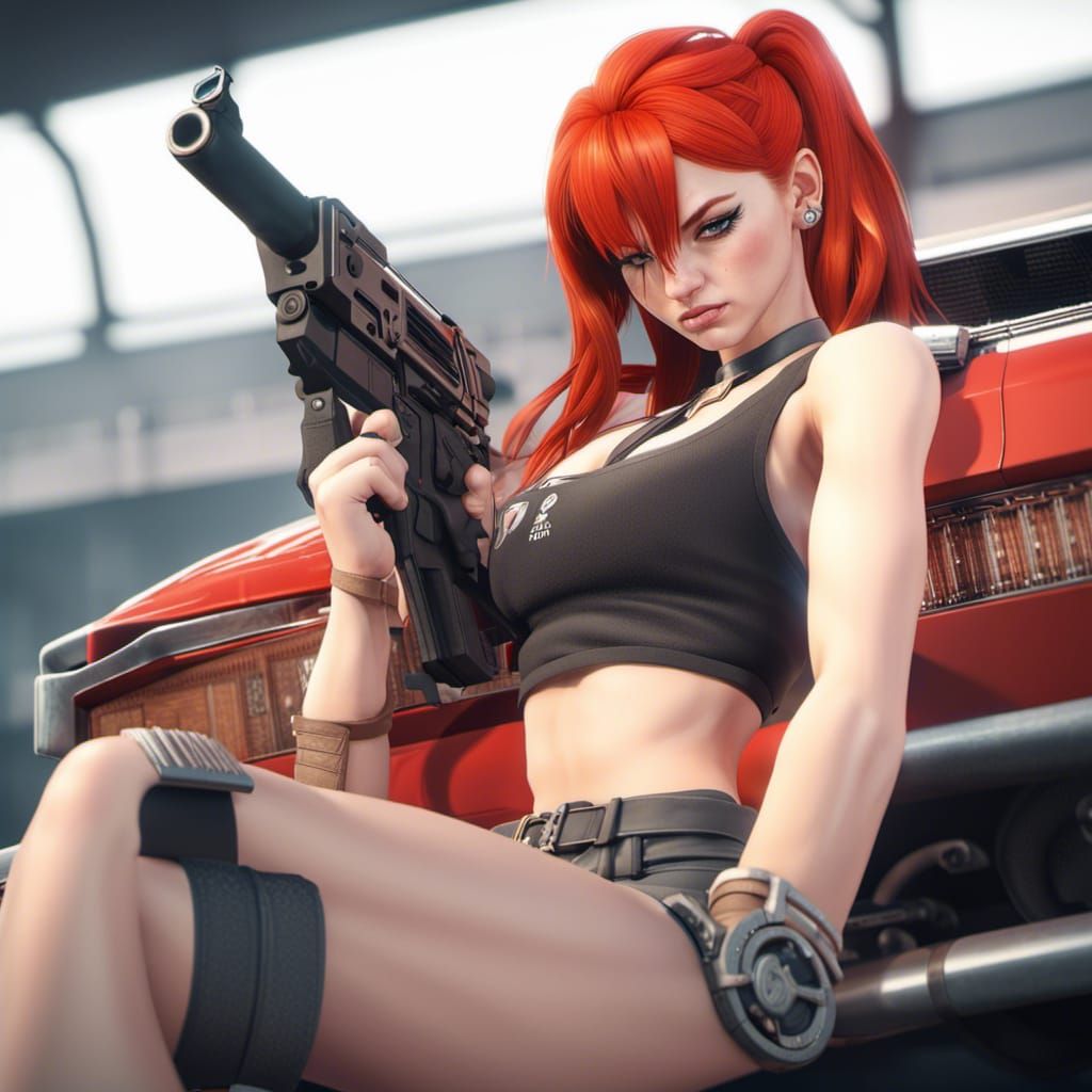 Red Hair Girl with Muscle Car in 3D Style