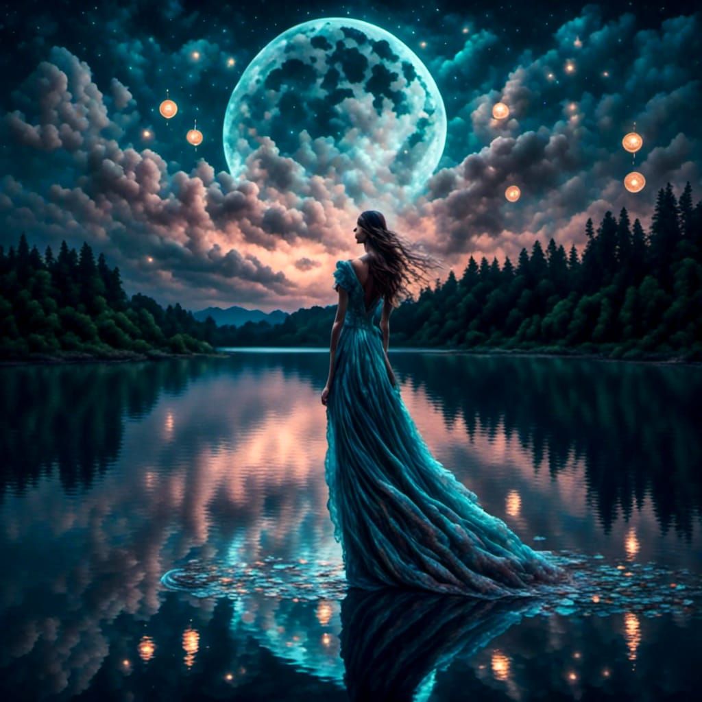 Moon Reflection: Beautiful Woman on a Tranquil Lake