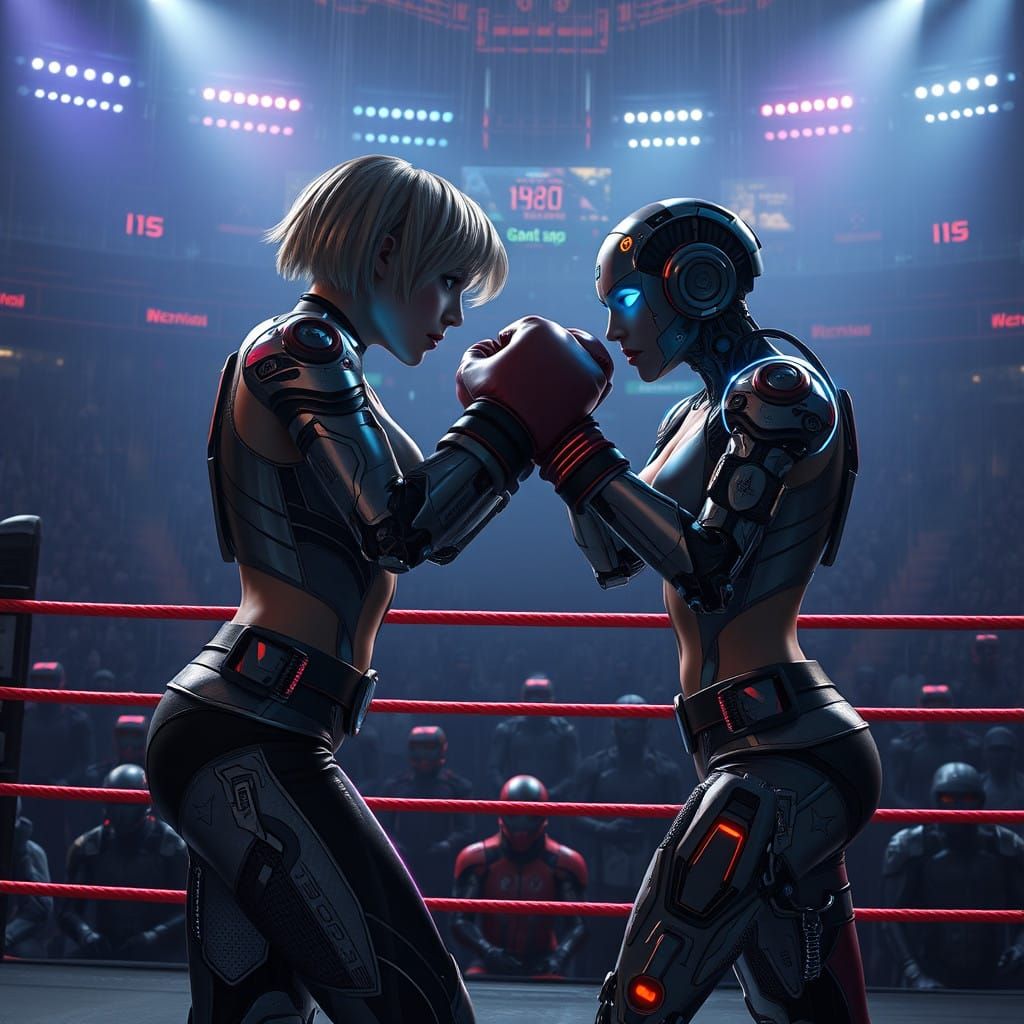 Women Engage in Cyberpunk Boxing Match in Front of Android C...