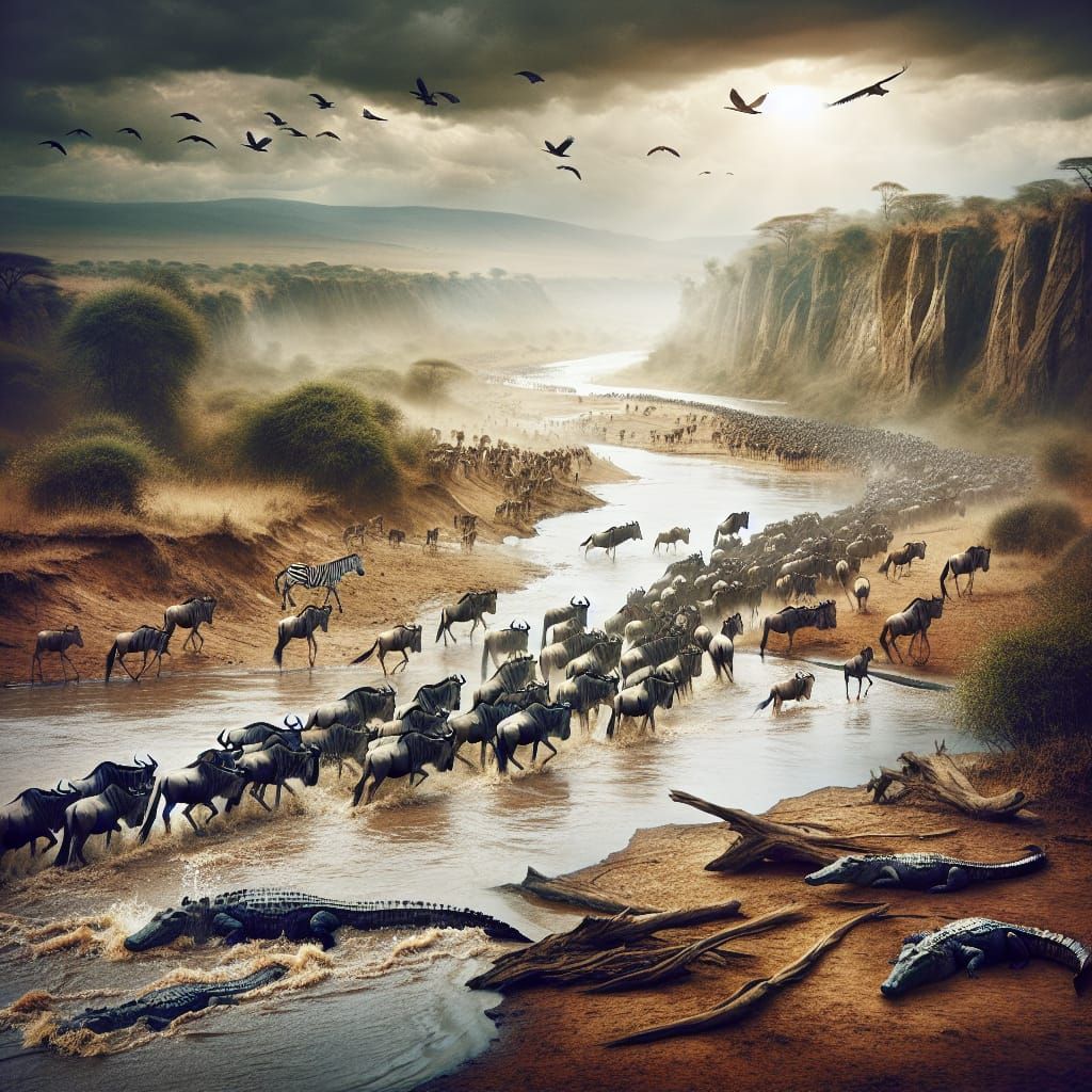 African Wildlife Migration River Crossing: Digital Matte Pai...