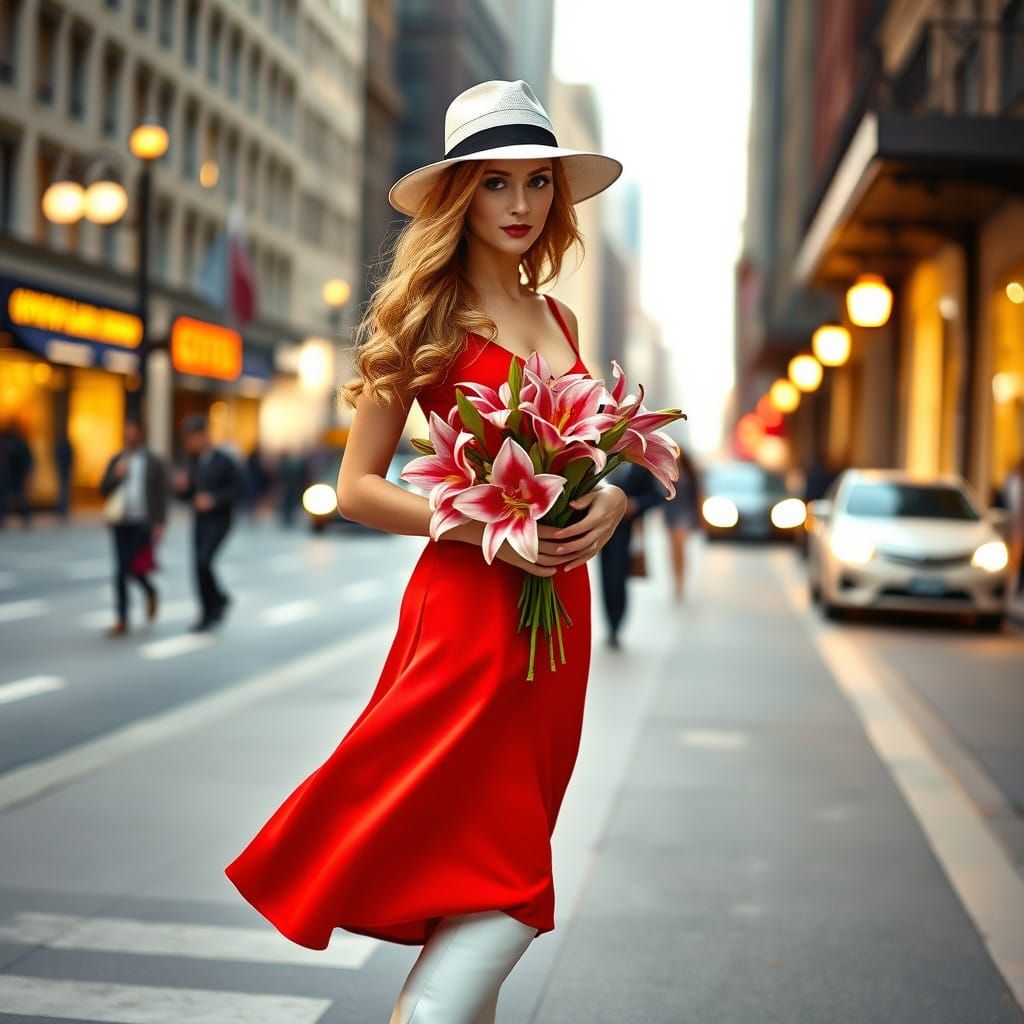 Elegant Lady in Red Ankle Dress and White Hat, Golden Hair,...