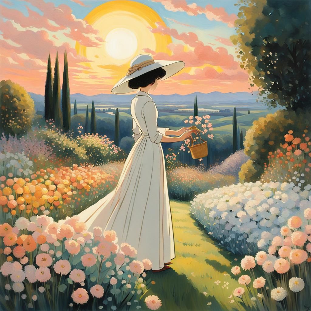 Woman in Garden at Sunset: Anime Tarot Card