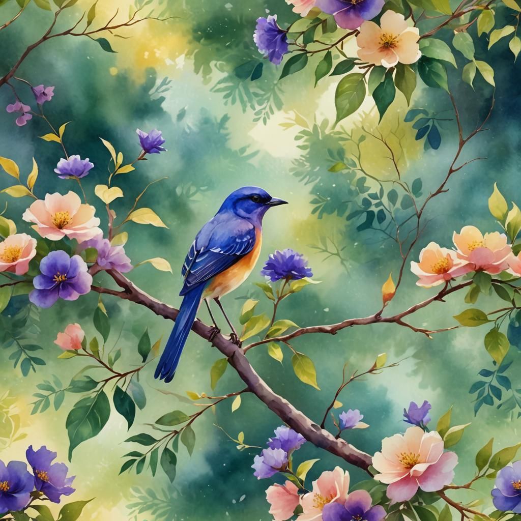Bird on Summer Tree in Watercolor Digital Art