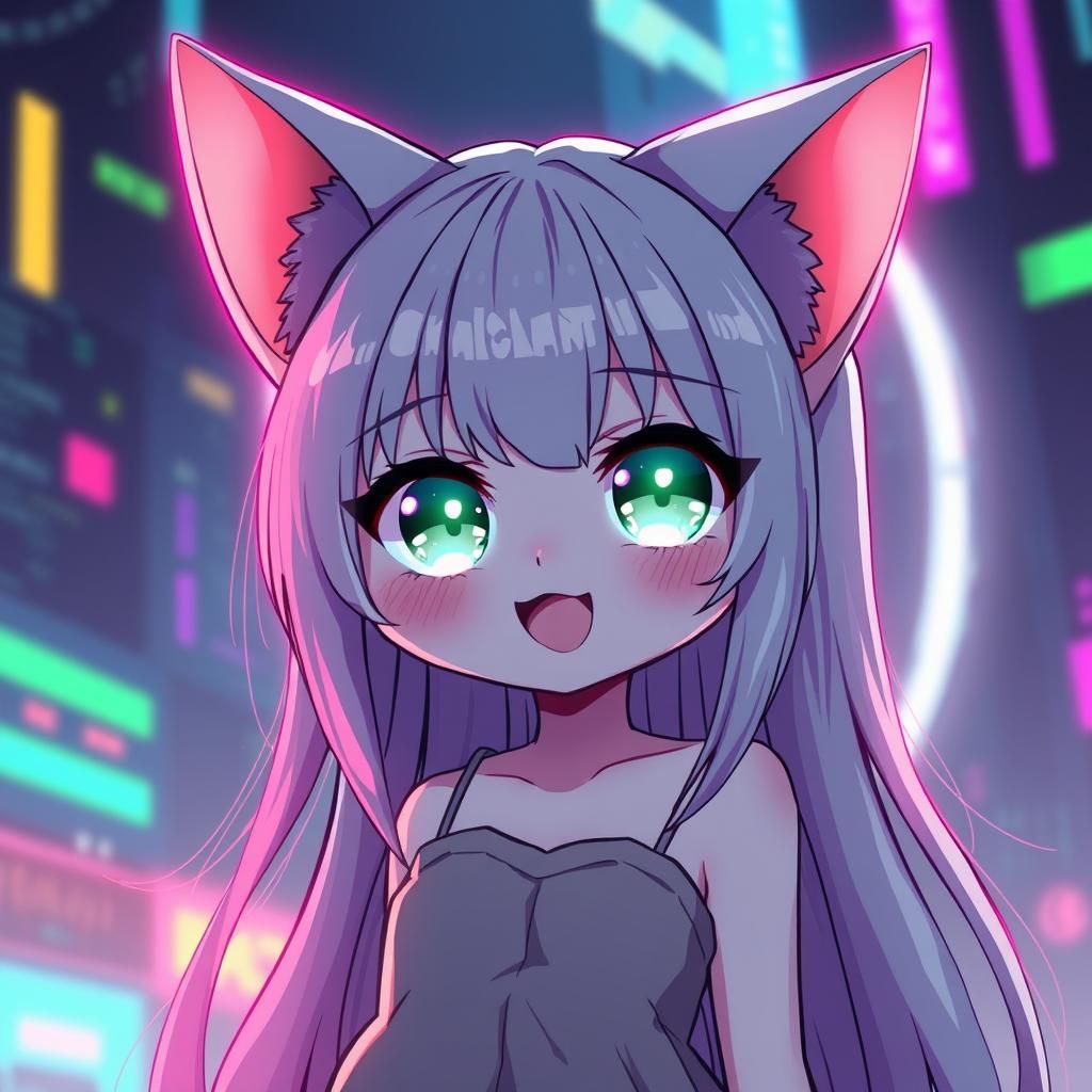 Synthwave Anime Catgirl with Glowing Eyes