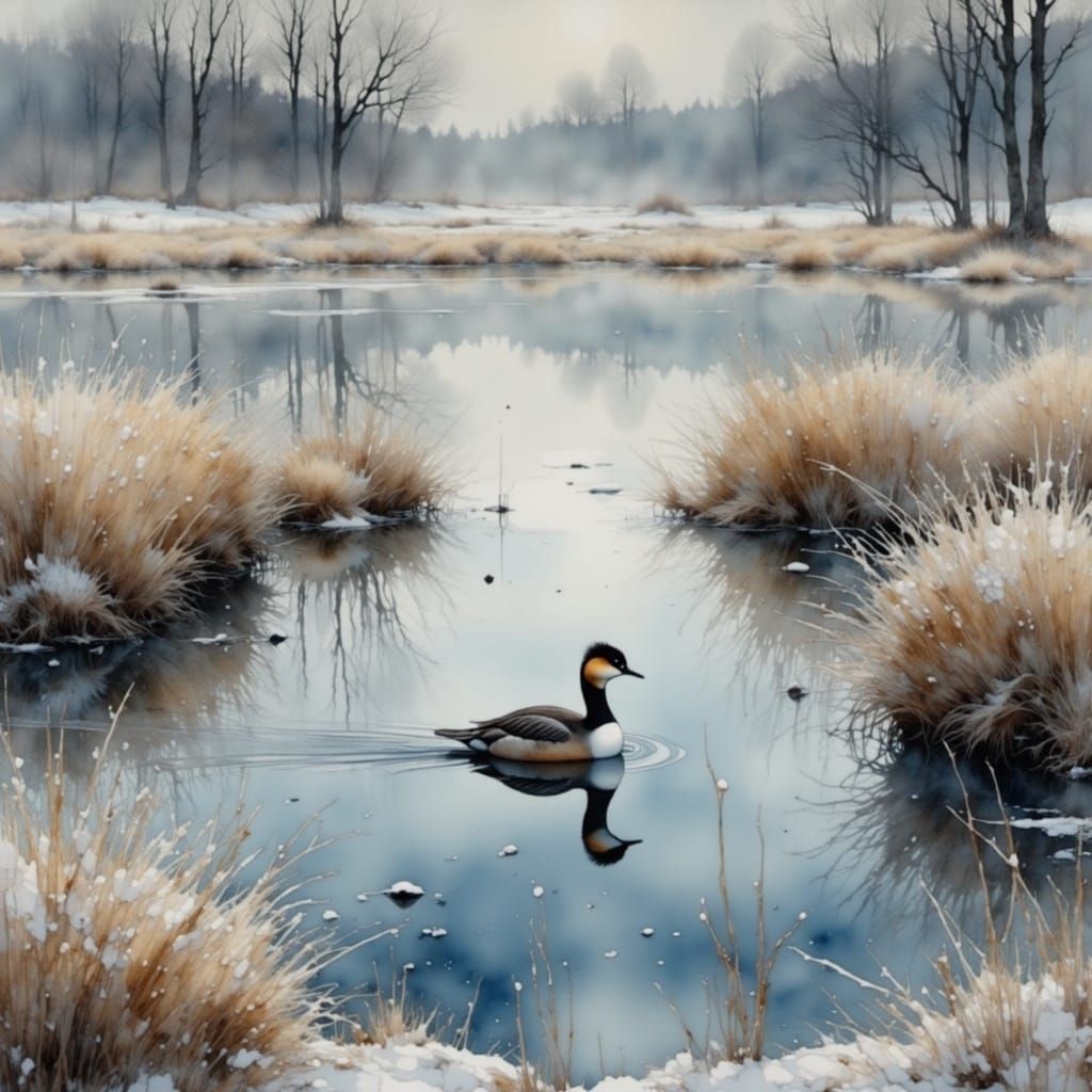 Great Crested Grebe on Frozen Lake in Watercolor Style