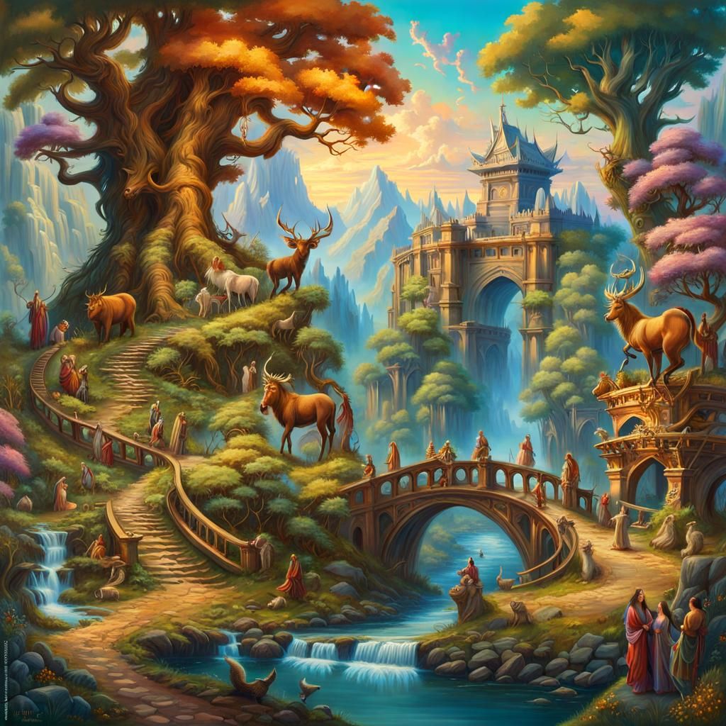 Mythical Creatures Populate a Majestic Fantasy Landscape