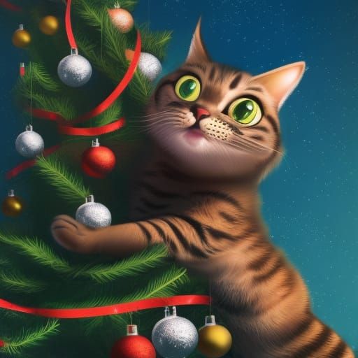 Cat Climbs Christmas Tree: Cartoon Digital Illustration