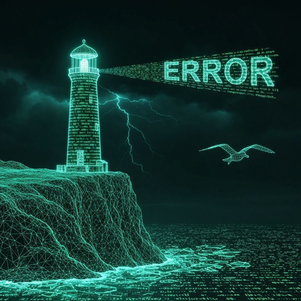 Neon Code Lighthouse Glitches in Digital Decay