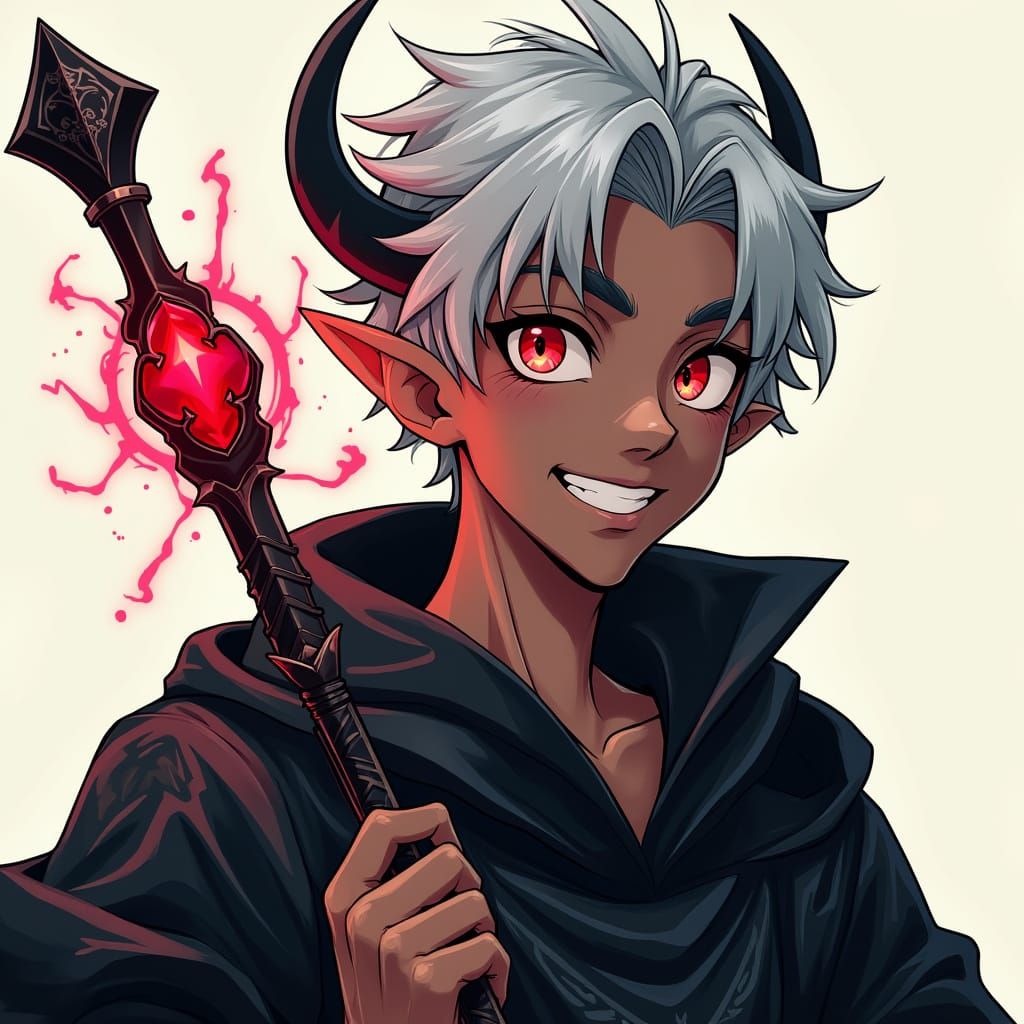 Dark Fantasy Anime Elf with Horned Silver Hair and Crimson E...