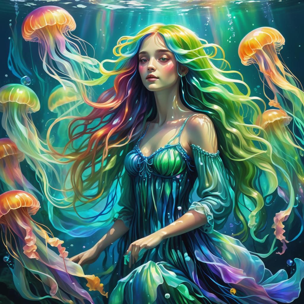 Underwater Goddess with Jellyfish in Pre-Raphaelite Style