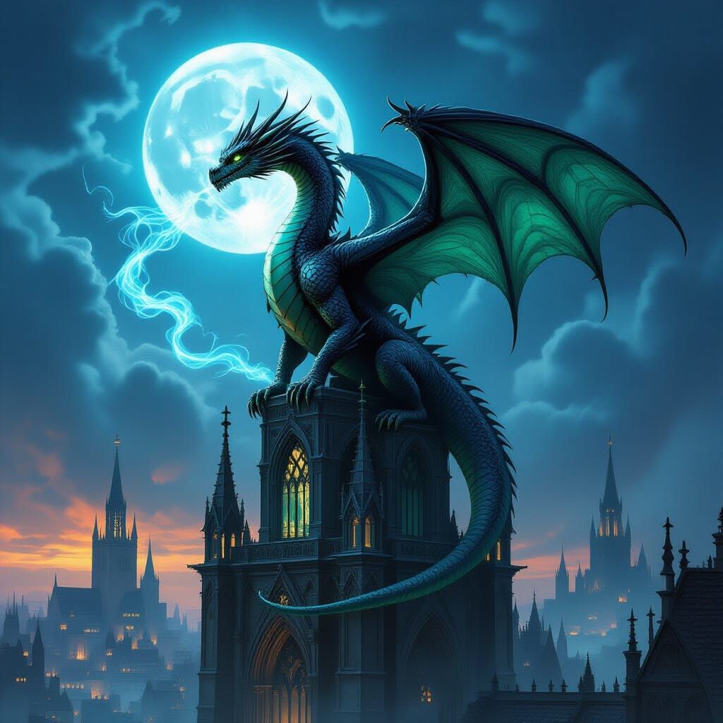 Dragon on Gothic Cathedral Spire Under Twin Moons