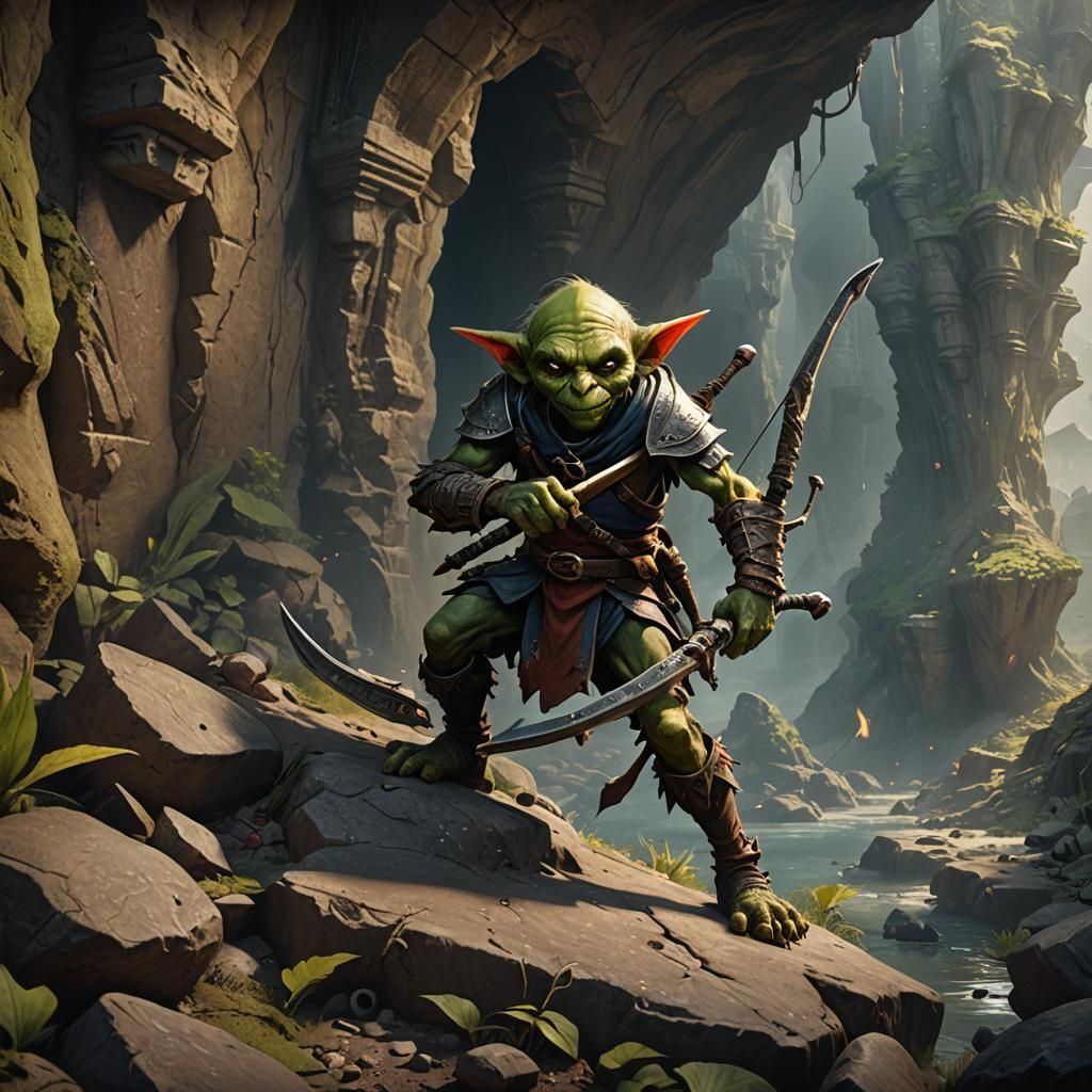 D&D Goblin in Cave with Scimitar and Bow