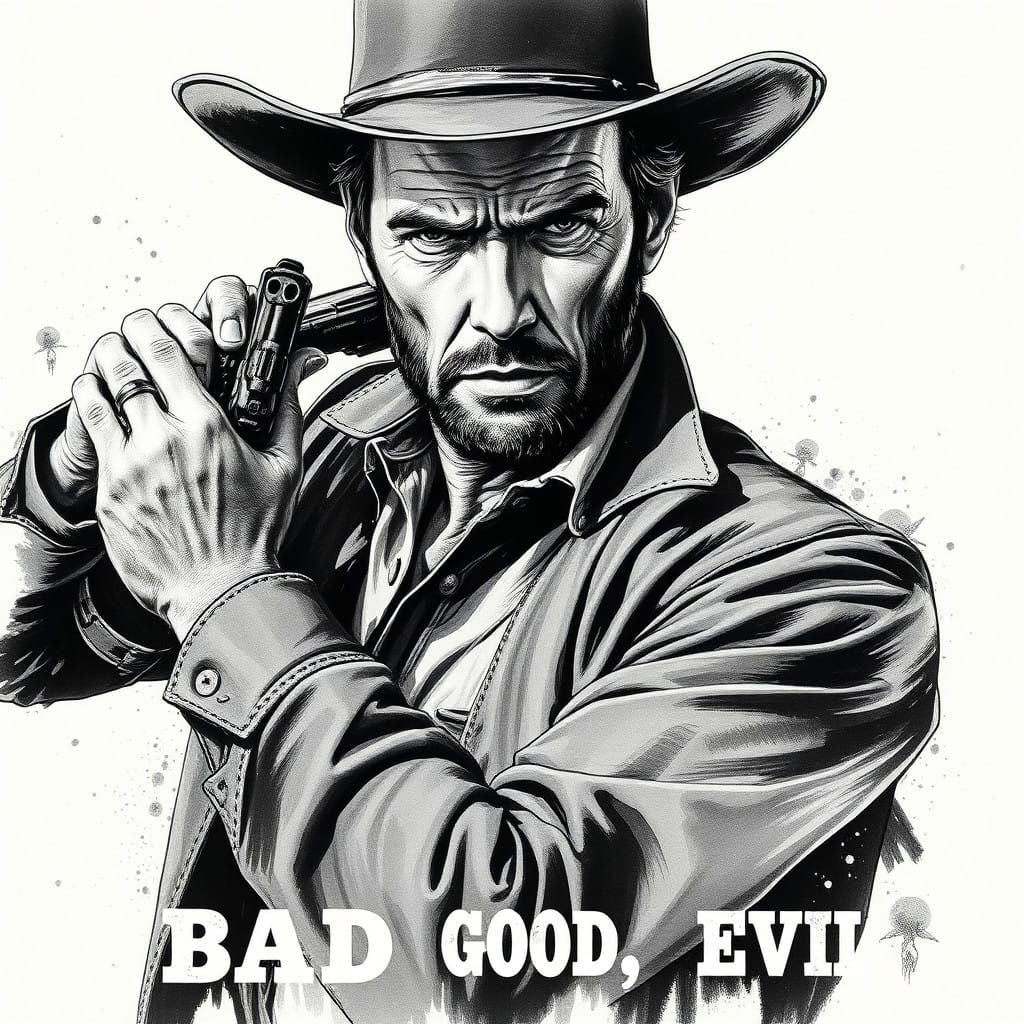 Dynamic Clint Eastwood as a Cowboy in Ink Illustration Style