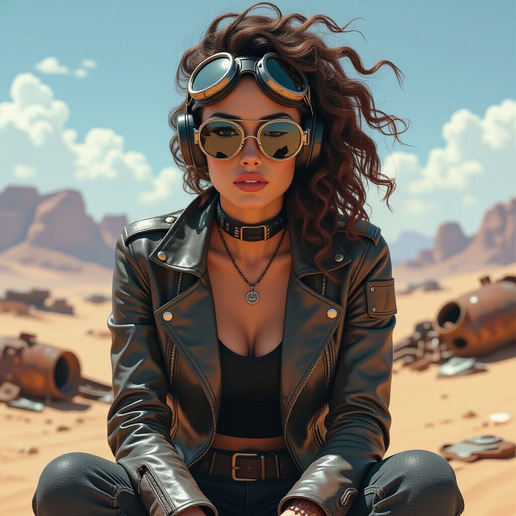 Cyberpunk Woman in Desert with Goggles, Realistic Pop Art
