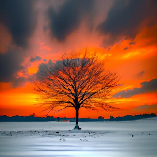Glowing Frozen Tree in Winter Field at Sunset