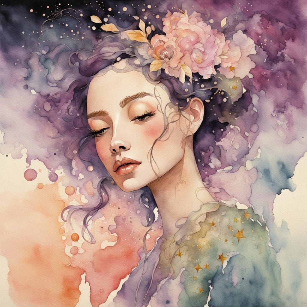 Watercolor Portrait of Woman with Stars