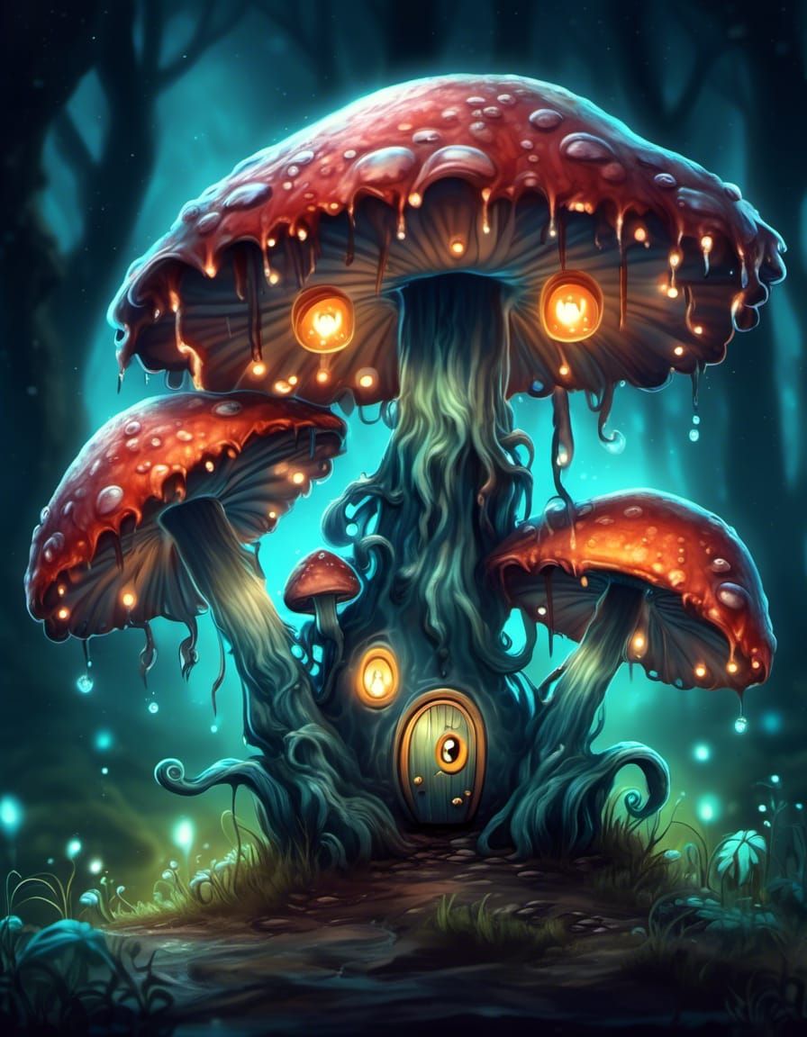Bioluminescent Mushroom Monster Watercolor Illustration