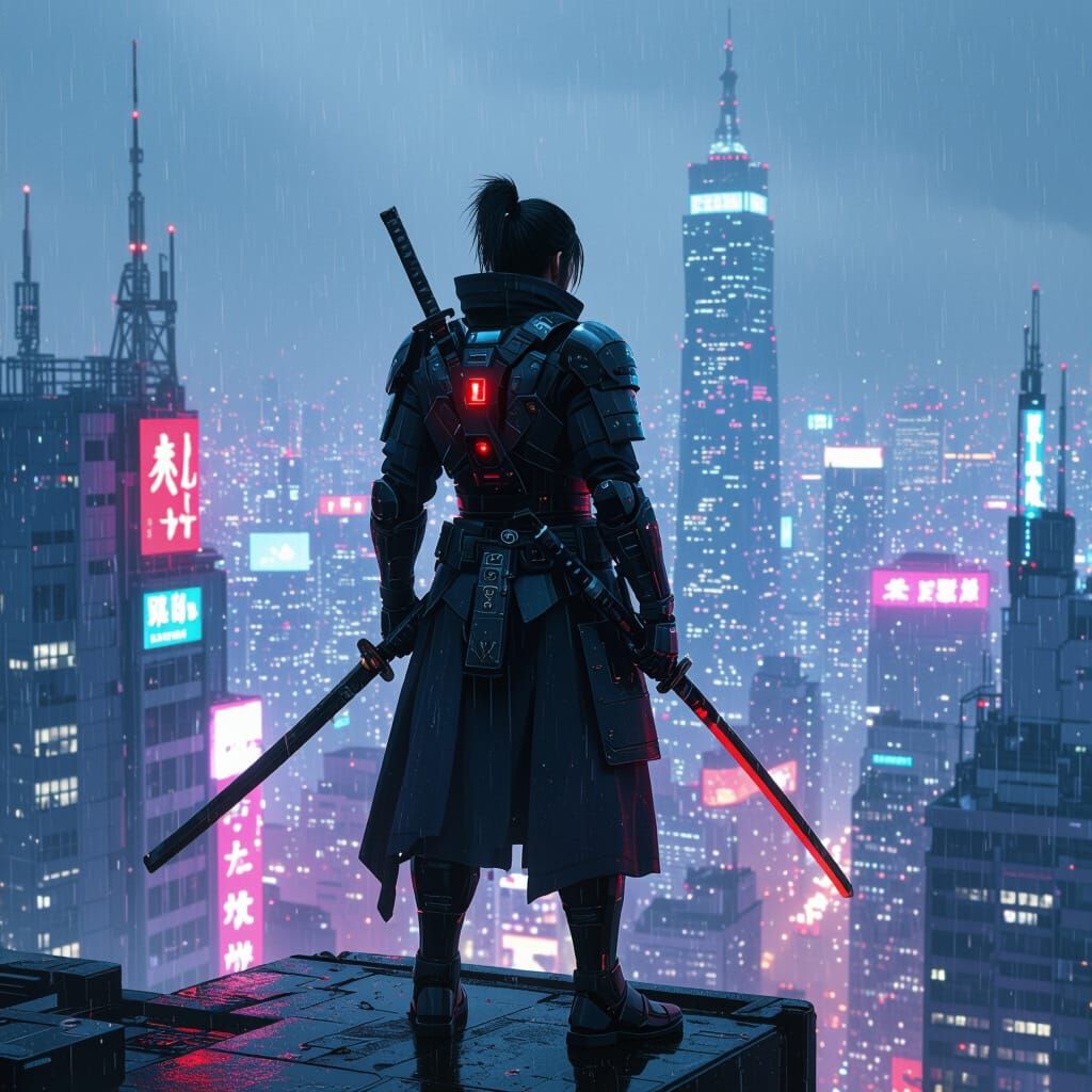 Futuristic Samurai in Neo-Tokyo, Cyberpunk Anime Style