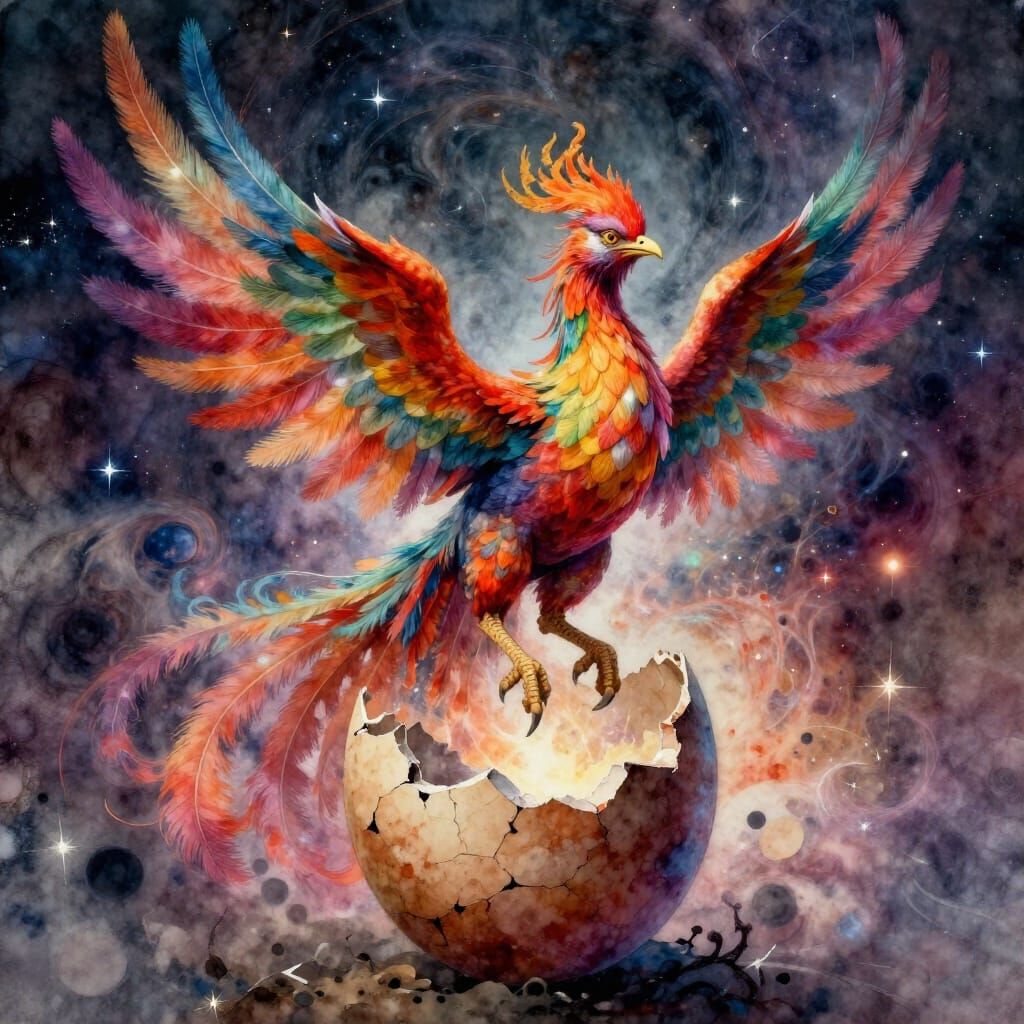 Phoenix Rises from Ancient Egg in Cosmic Watercolor Style