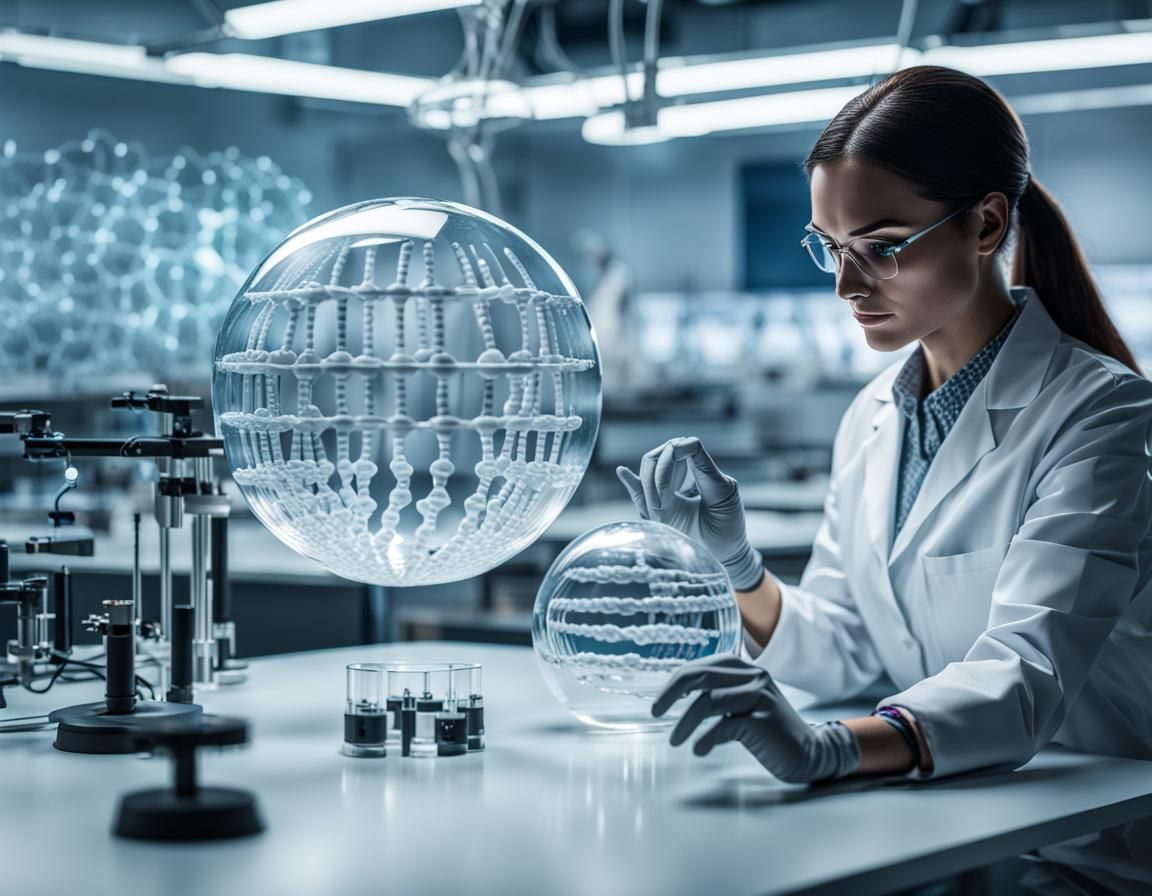 Female Android Analyzing Human DNA in High-Tech Lab