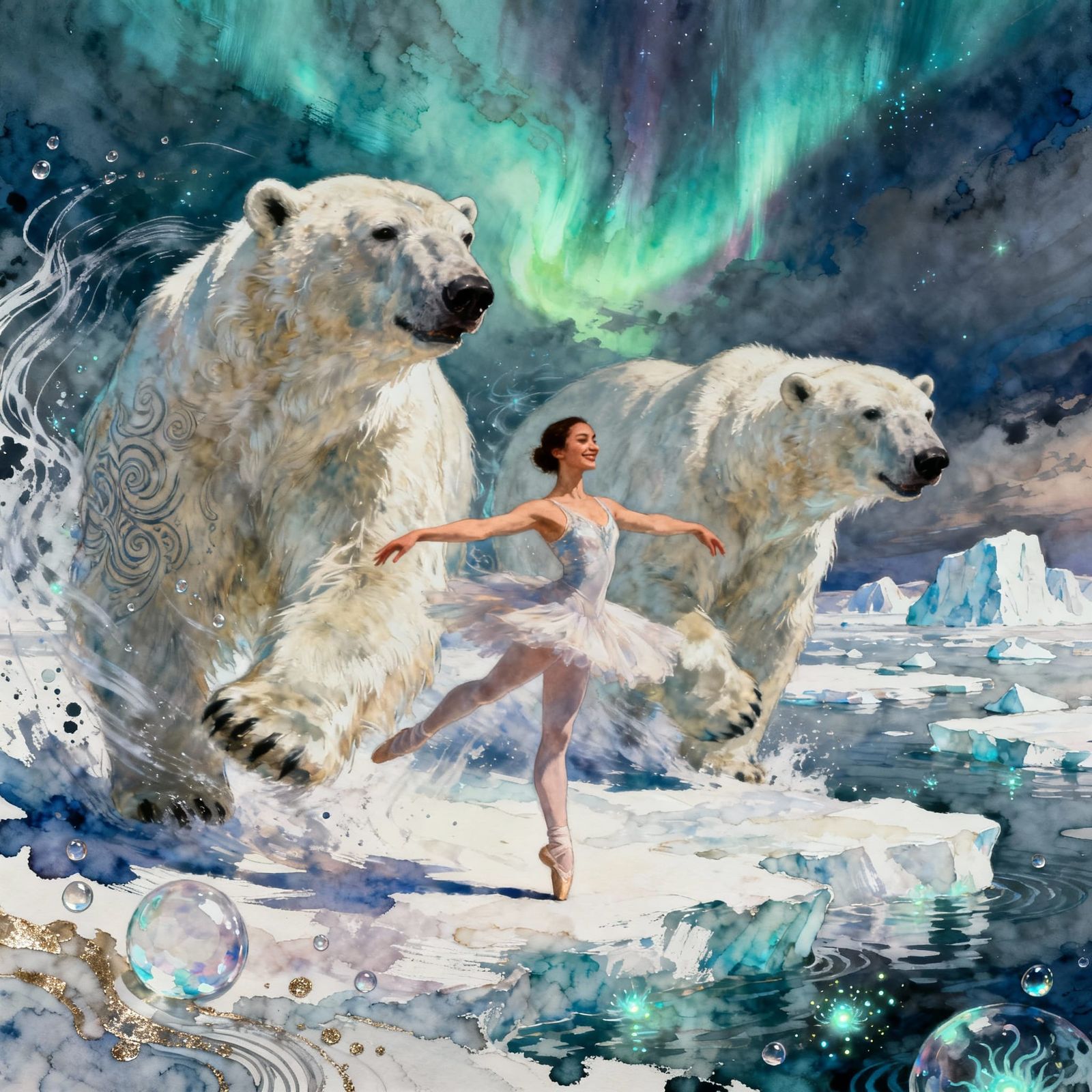 Dancer with Polar Bears in Fluid Gouache Style